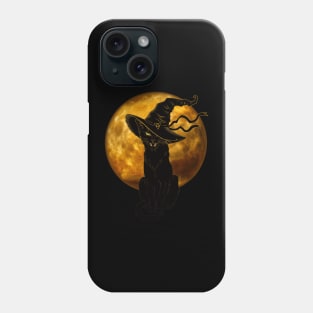 Beautiful Halloween Black Cat with Witch Hat and Full Moon Phone Case