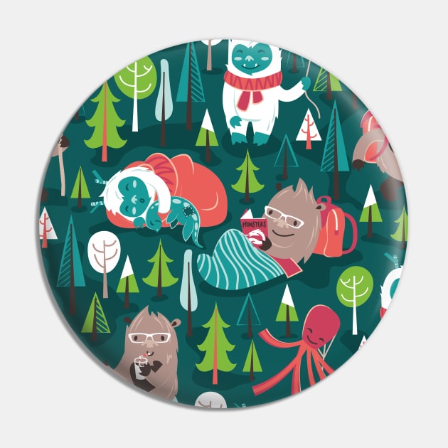 Besties // pattern // green background white Yeti brown Bigfoot aqua yellow green and teal pine trees red and coral details Pin by SelmaCardoso