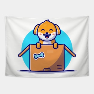 Cute Dog Playing In The Box Cartoon Vector Icon Illustration Tapestry