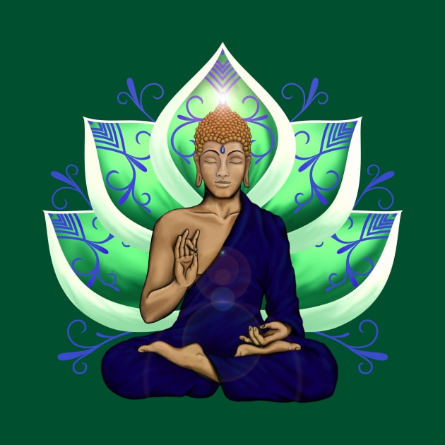 Abhaya Mudra Buddha with Lotus Flower, Green and Blue by MandalaSoul