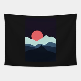 Minimalist Sunset at The Blue Black Mountainous Landscape Graphic Illustration Tapestry