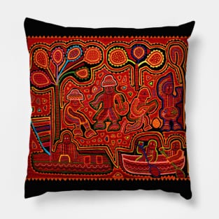 Cuna Indian Men in Boats Mola Pillow