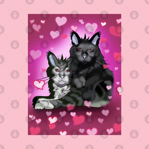 Black maine coon cat brothers with pink hearts by cuisinecat