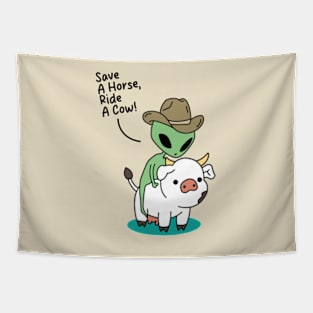 Funny Alien Riding A Cow Tapestry