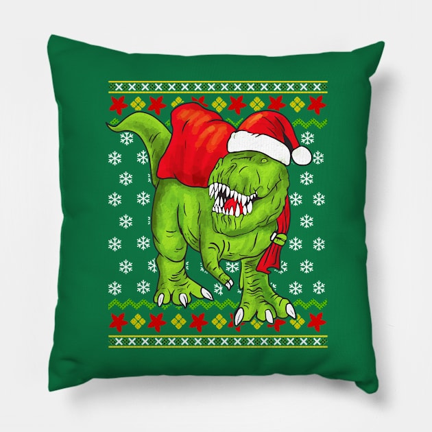 T Rex Santa Claus Ugly Christmas Sweater Pillow by E