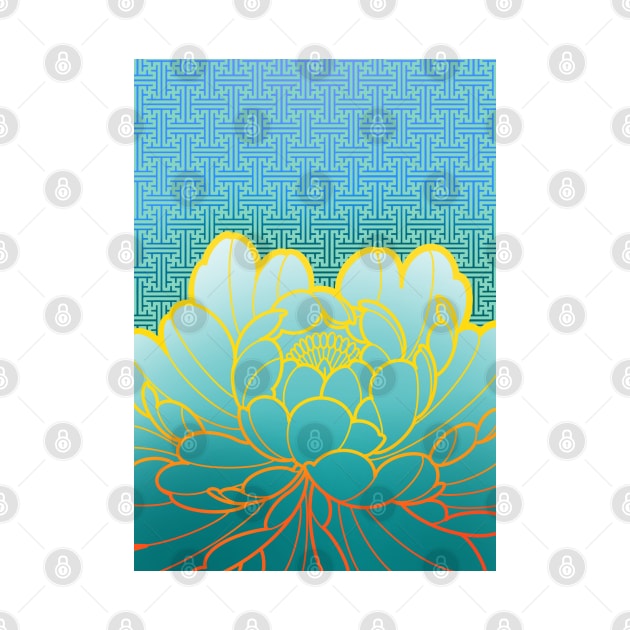 turquoise peony flower and sayagata pattern by weilertsen