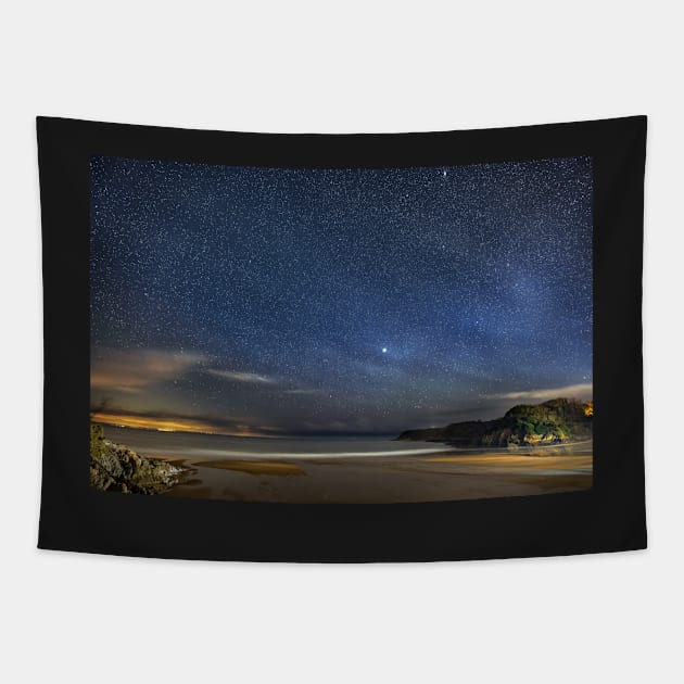 Caswell Bay on Gower in Wales at Night Tapestry by dasantillo