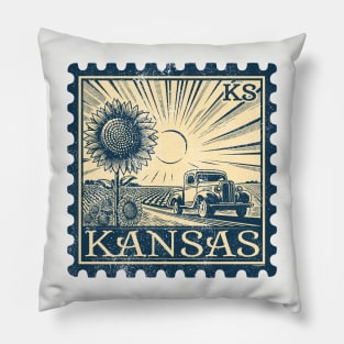 Kansas Sunflowers with Pickup Truck Vintage Stamp Pillow