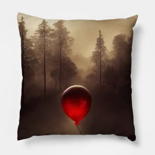 Hope goes out , Red balloon in foggy forest Pillow