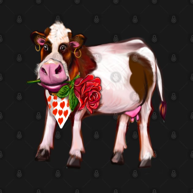 cute funny cow holding a red rose in it’s mouth and sporting a scarf with red love hearts Happy Valentines Day by Artonmytee