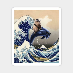 Cowboy Capybara Riding Dolphin Great Wave Magnet