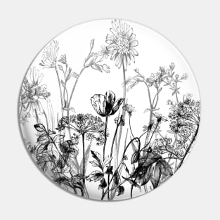 Black White Wild Flowers Botanical Pattern Illustration Vintage Pin