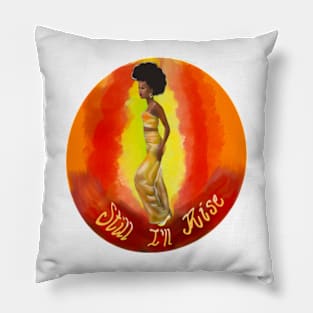 Still I’ll rise -multi coloured colored background - black girl with Afro hair, shimmering gold dress and dark brown skin side profile. Pillow