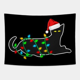 Black Cat tangled in Christmas lights Tapestry