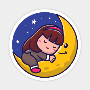 Cute Girl Sleeping On Moon Cartoon Vector Icon Illustration Magnet