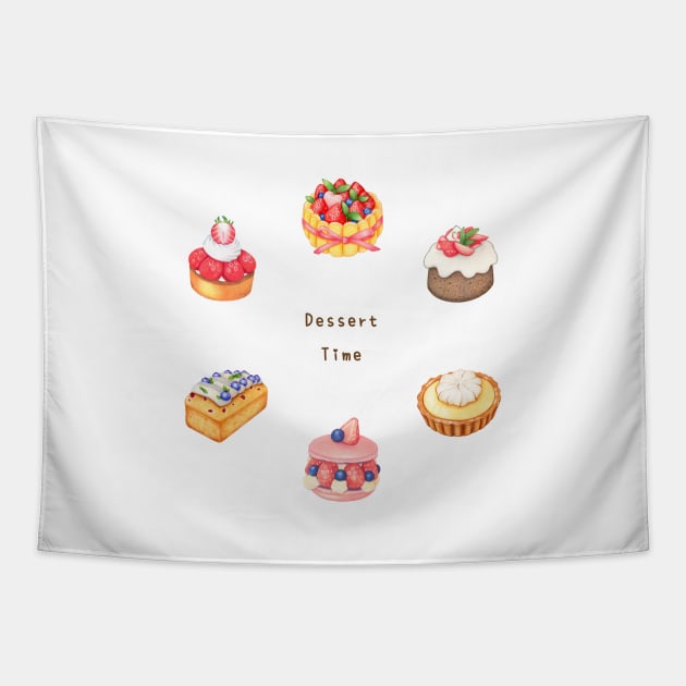 Fruit Dessert Illustration Pack 色鉛筆甜點插畫 - Charlotte Cake, Chiffon, Lemon and Strawberry Tart, Macaron, Blueberry Pound Cake Tapestry by Rose Chiu Food Illustration