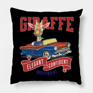 Humor funny Jerry the Giraffe driving vintage retro classic car with red white and blue banner for retro lovers automobile Pillow