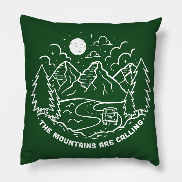 The Mountains Are Calling | Fun Mountain Outdoors Line Art Pillow by SLAG_Creative