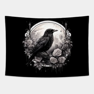 Gothic Crow, Full Moon, Roses, Raven Edgar Allan Poe Witchy Mystic Tapestry