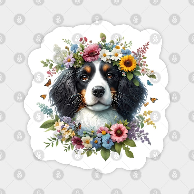 A Small Münsterländer with beautiful colorful flowers Magnet by CreativeSparkzz