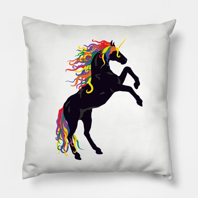 Rainbow Maned Black Unicorn Pillow by PeregrinusCreative