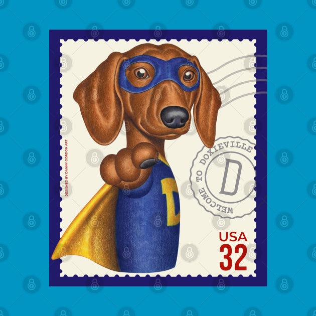 Superhero Doxie in cute blue suit with yellow accessories by Danny Gordon Art