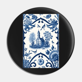 Floral Garden Botanical Print with Delft Blue and White Pin