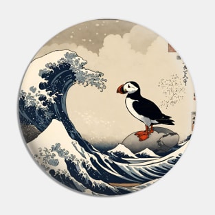 Vintage Funny Puffin Bird Surfing in The Great Wave Pin