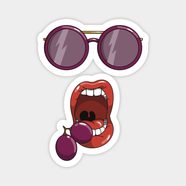 Mouth about to eat a two purple grapes while wearing matching purple sun glasses. Magnet by Fruit Tee