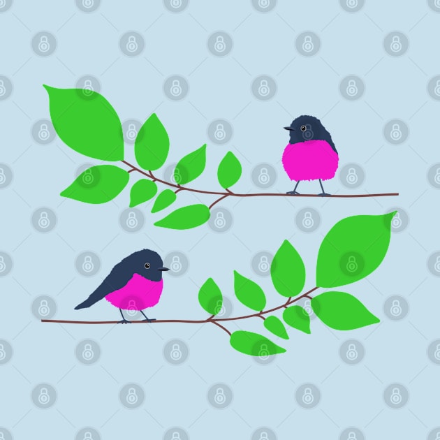 Pink robins on a tree branch by Jennifer Ladd