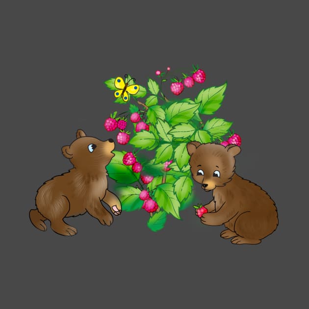 cartoon bear cubs on a background of raspberries and flowers by sonaart