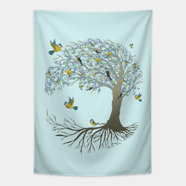 Tree of life bluetit birds in it Tapestry by Bwiselizzy