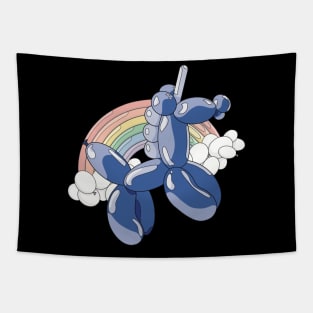 A light and dark blue unicorn balloon with a ballon rainbow and balloon clouds behind it. Tapestry