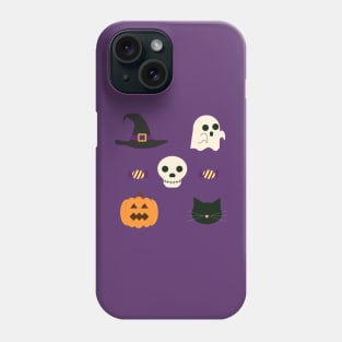 Cute Halloween Design with Ghost, Pumpkin, Skull, Cat, and Witch Hat Phone Case