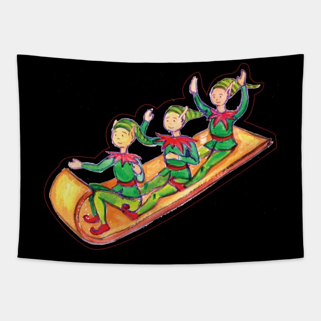 Elves on toboggan in gouache Tapestry by holidaystore