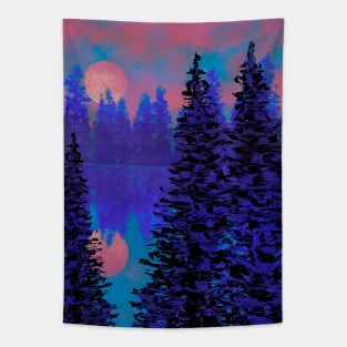 Full moon sunset reflecting off a lake in the forest. Tapestry