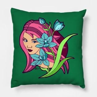 Pink Haired Girl and Blue Lilies Pillow
