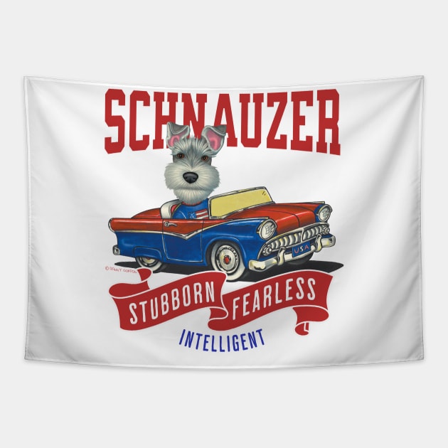 Humor funny cute schnauzer dog driving a classic retro vintage car with red white and blue flags Tapestry by Danny Gordon Art