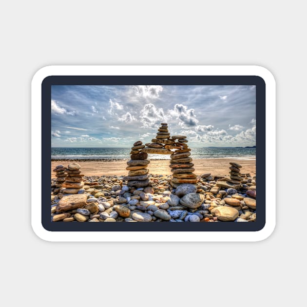 Amroth Beach, Wales, Rock Cairns Magnet by tommysphotos