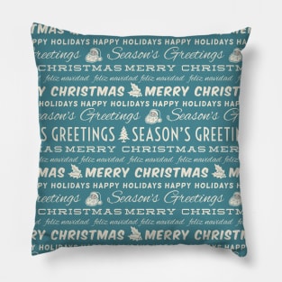 Retro Blue and White Christmas Typography Pattern Pillow