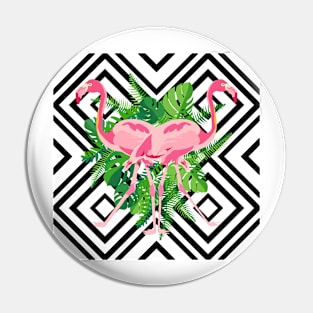 Hand drawn pink flamingo with tropical leaves in mirror image style on geometric background. Pin
