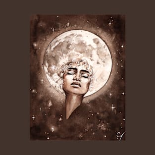 Moon - Watercolor painting of a black girl with a moon afro T-Shirt