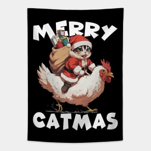 Merry Catmas - 2, Funny Cute Cat on a Chicken Tapestry