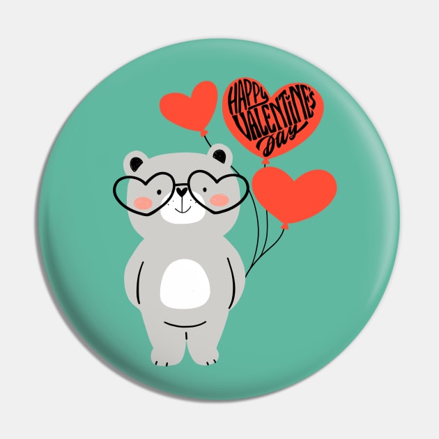 Grey Bear Black Glasses Pink Balloons Happy Valentine's Day Pin by AlmostMaybeNever