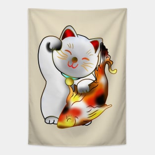 Right paw white maneki neko lucky cat with fish Tapestry