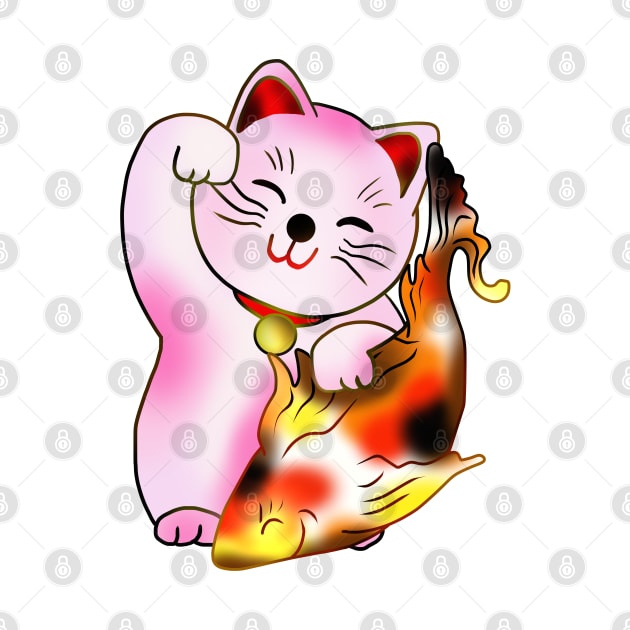 Right paw pink maneki neko lucky cat with fish by cuisinecat