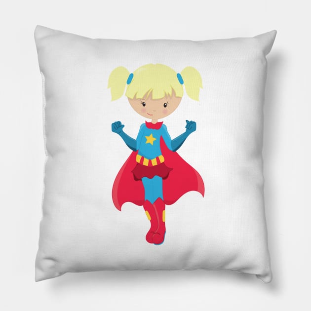 Superhero Girl, Cute Girl, Blonde Hair, Red Cape Pillow by Jelena Dunčević