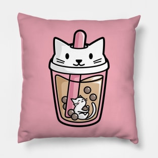 Bubble Tea with White Cute Kawaii Cat Inside Pillow