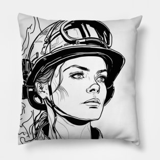 Black and white portrait line art of female firefighter Pillow