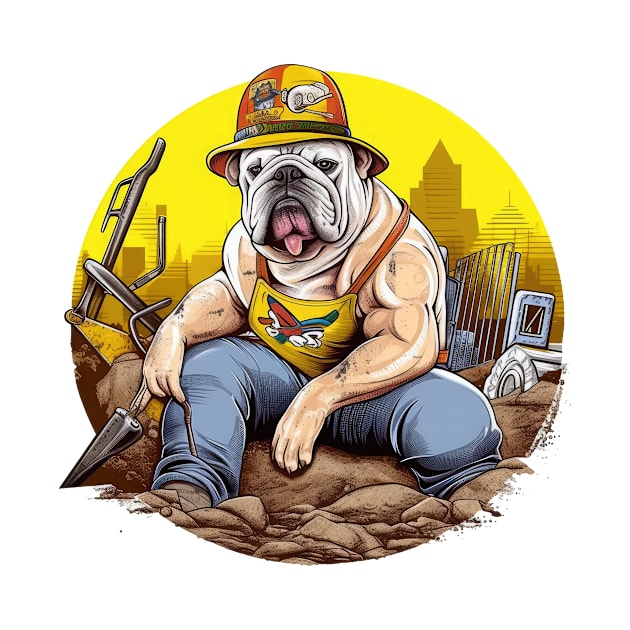 A Carpenter English Bulldog with a tool belt and hard hat, riding a yellow bulldozer and moving dirt by teestore_24